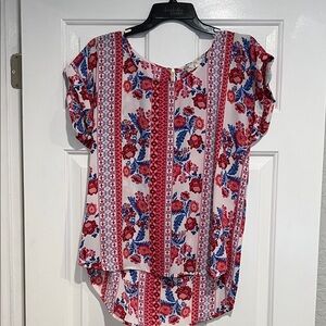 Pink Rose Red and Blue Floral Blouse
